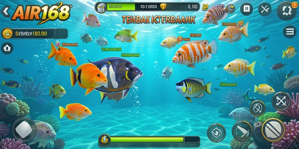 Tampilan gameplay AIR168 saat menembak ikan yang beragam dan menarik.