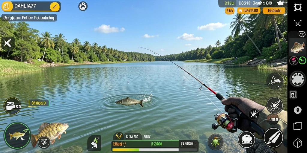Tampilan gameplay DAHLIA77 yang menarik saat memancing di lautan.