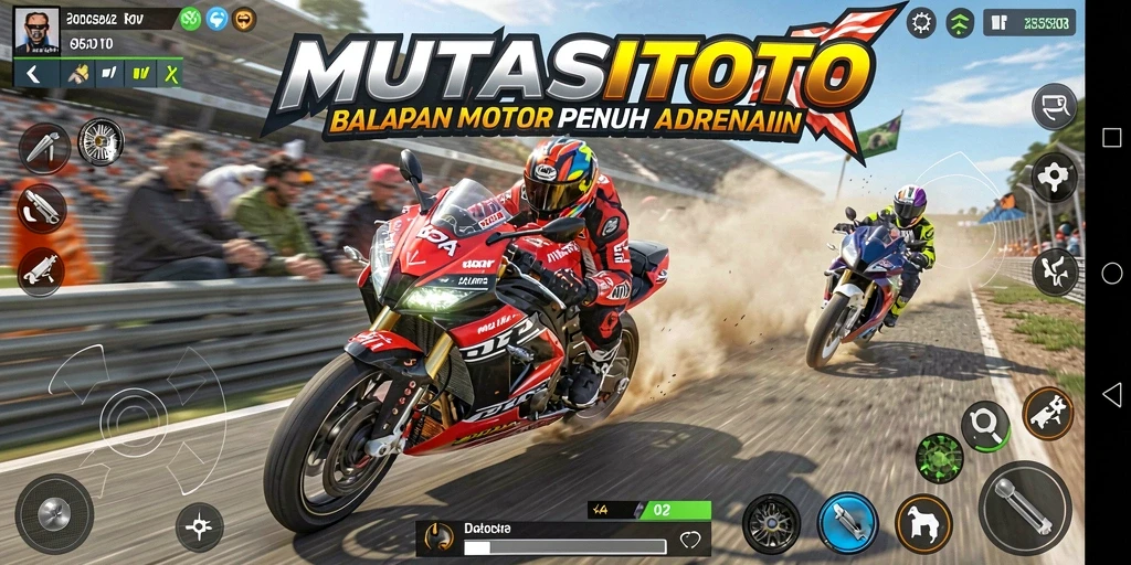 Screenshot gameplay MUTASITOTO menampilkan balapan motor yang intens.